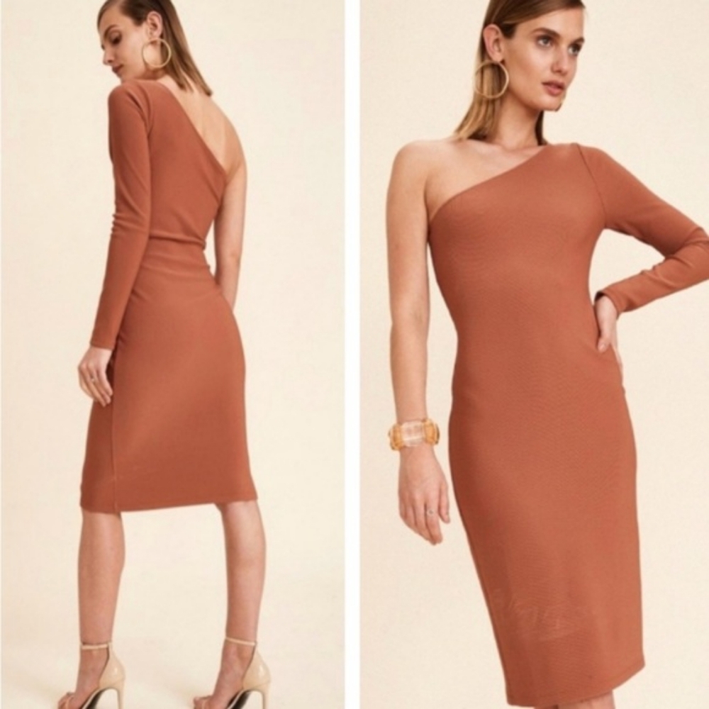 LPA Revolve Whiskey Ribbed Knit Bodycon One Shoulder Dress Brown Orange Large